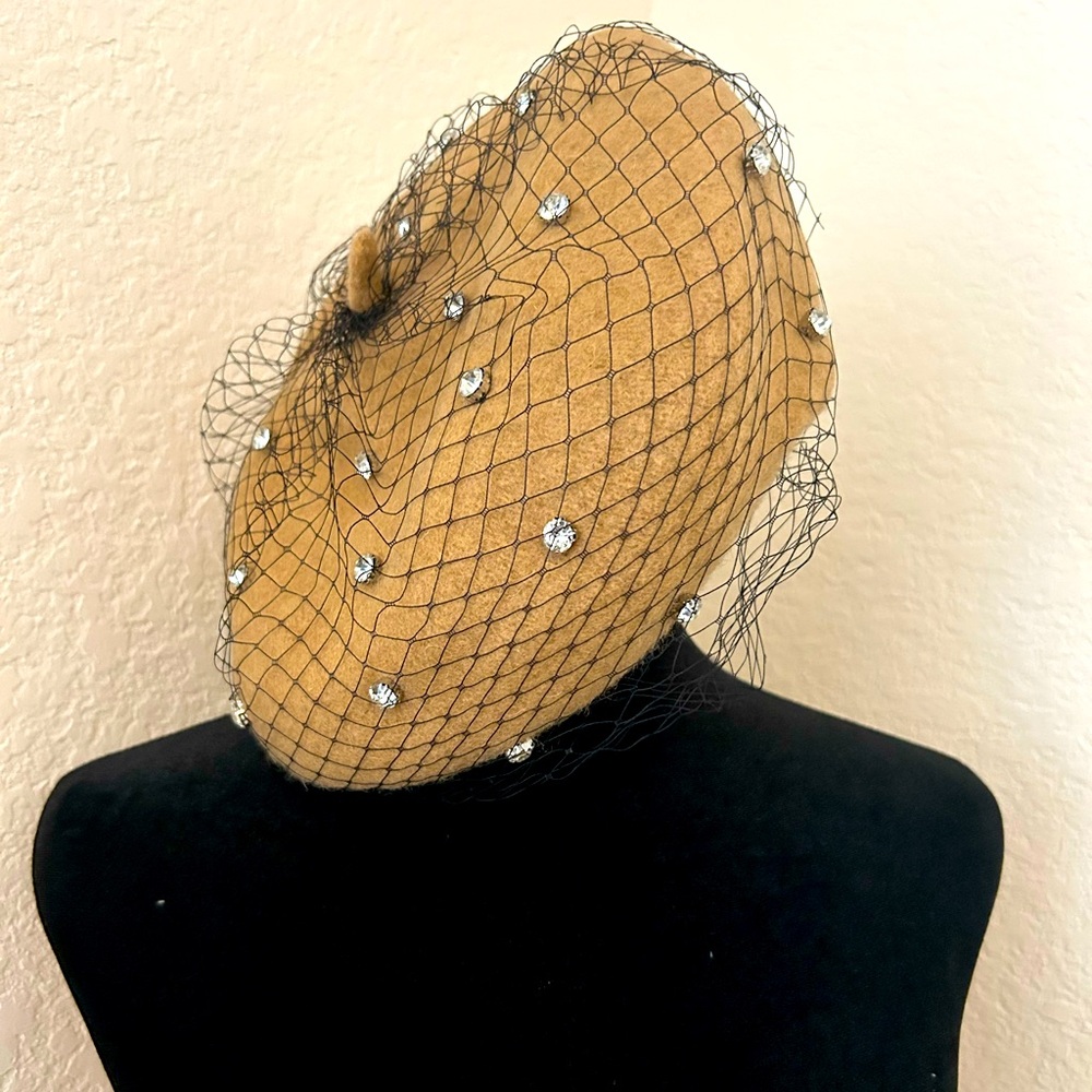 Stylish Tan Beret with Veil and Rhinestones